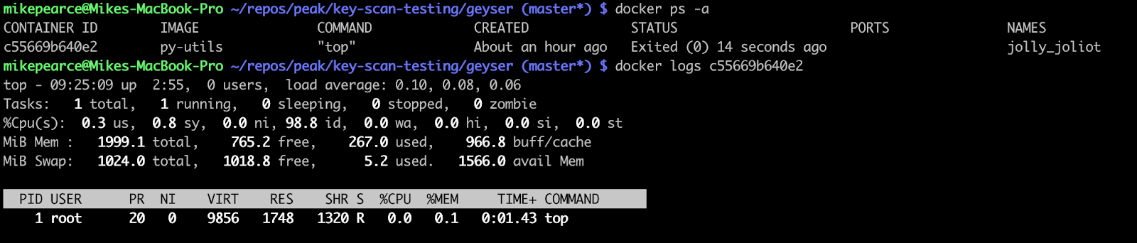 view system outputs with docker logs