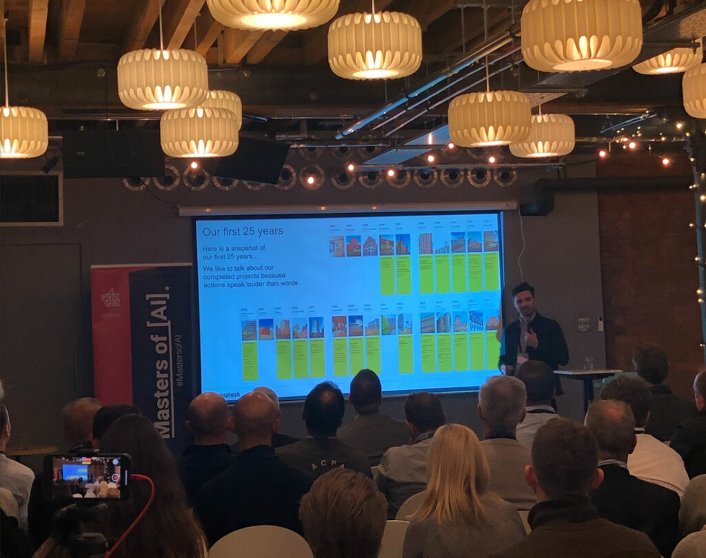 Urban Splash Delivery Director, Chris Shaw, discusses House at an AI in construction event in Manchester