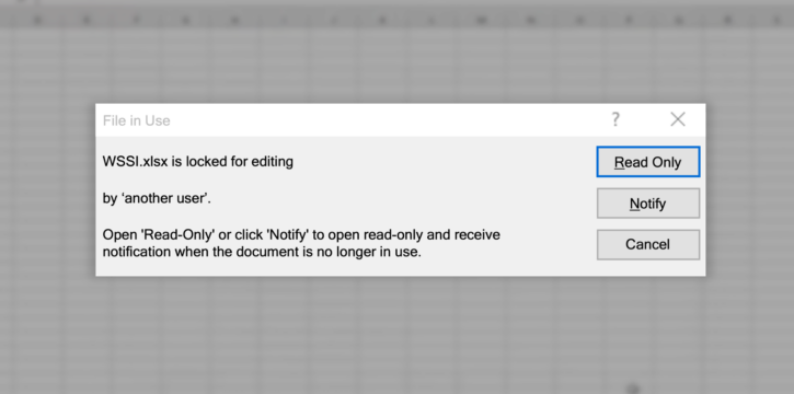 Excel displaying 'file in use' error