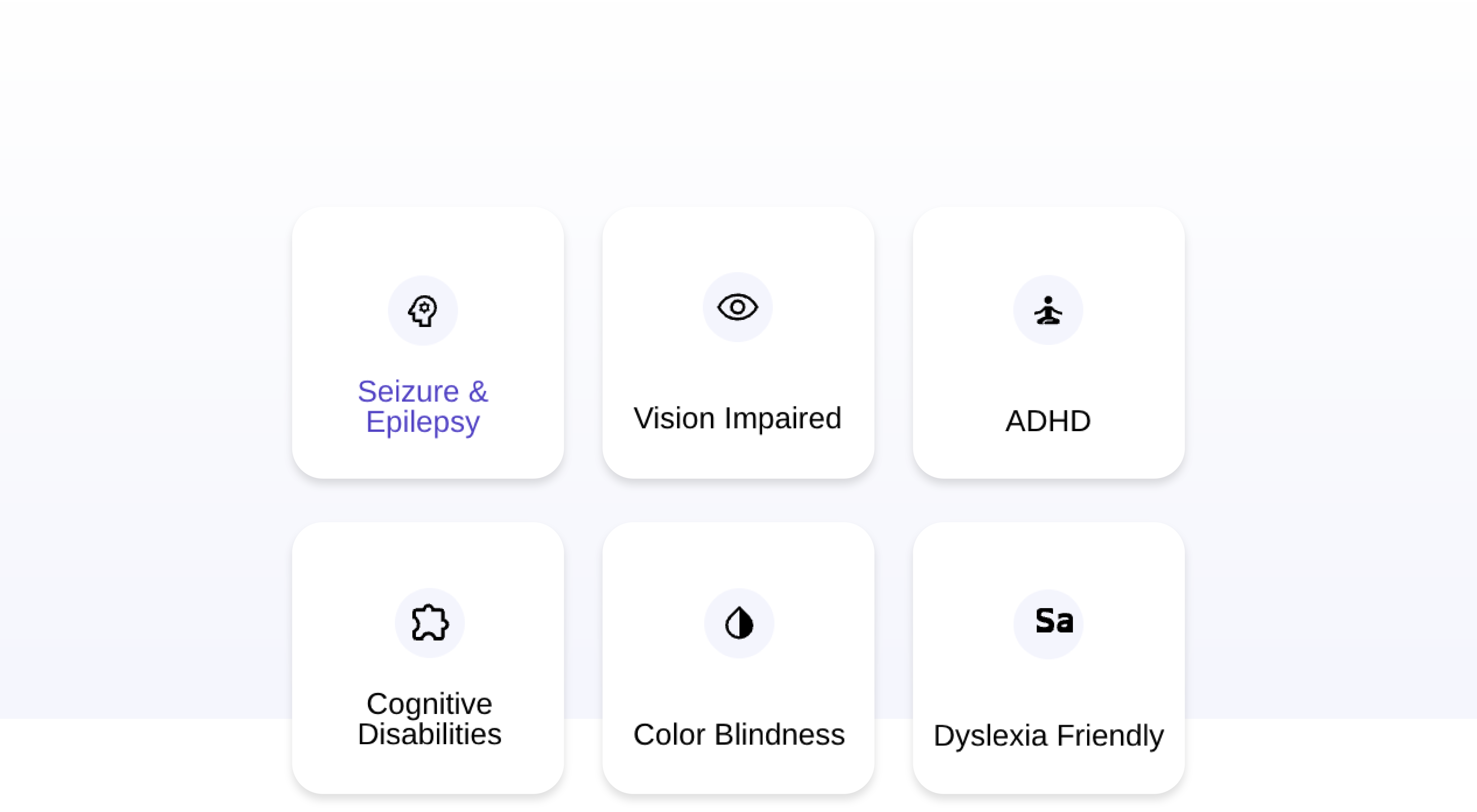 Accessibility menu showing the modes availabile on the SiteAccessibility widget, including epilepsy, vision impaired, ADHD, cognitive disabilities, color blindness and dyslexia.